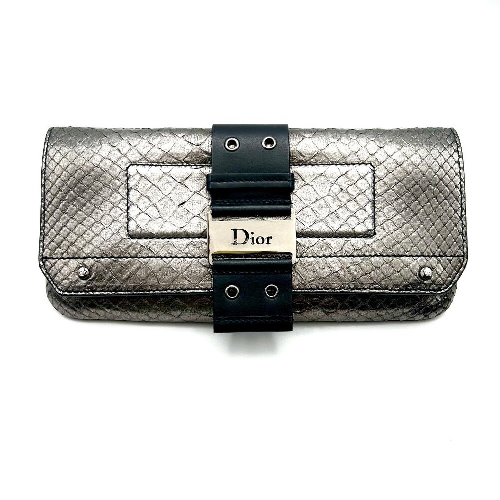 Dior Metallic Silver Python-Texture Clutch with Black Strap
